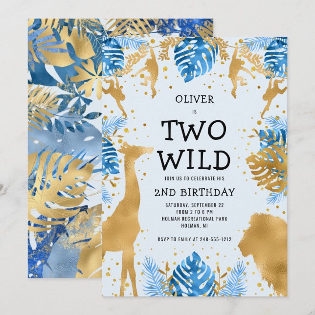 Invitation Boys Two Wild 2nd Birthday Blue Safari (Devant / Derrière)