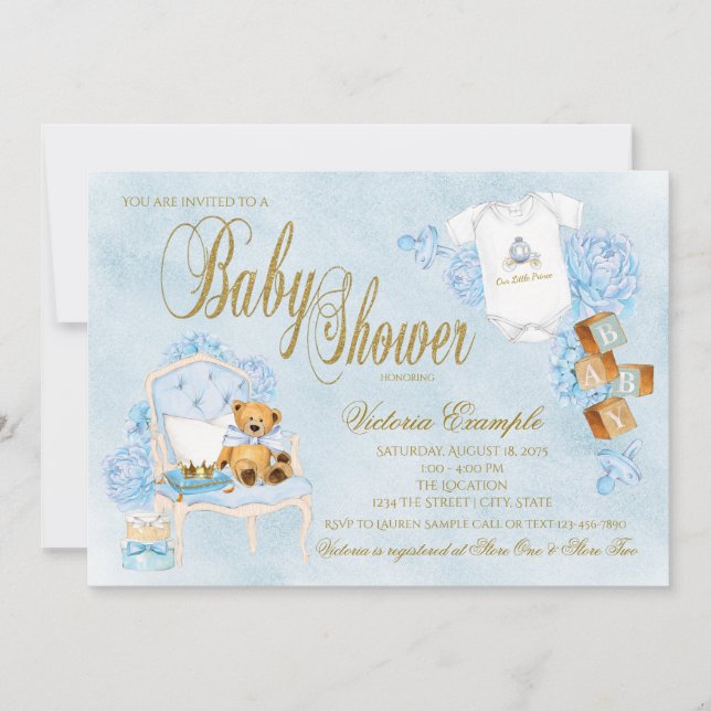Invitation Boys Watercolor Baby shower bleu or (Devant)