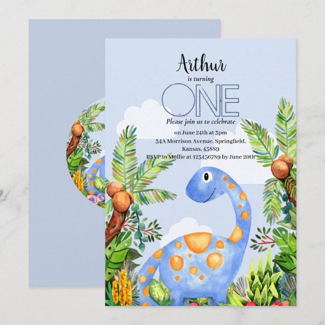 Invitation Boys Watercolor Dinosaur 1er anniversaire Invitati (Devant / Derrière)