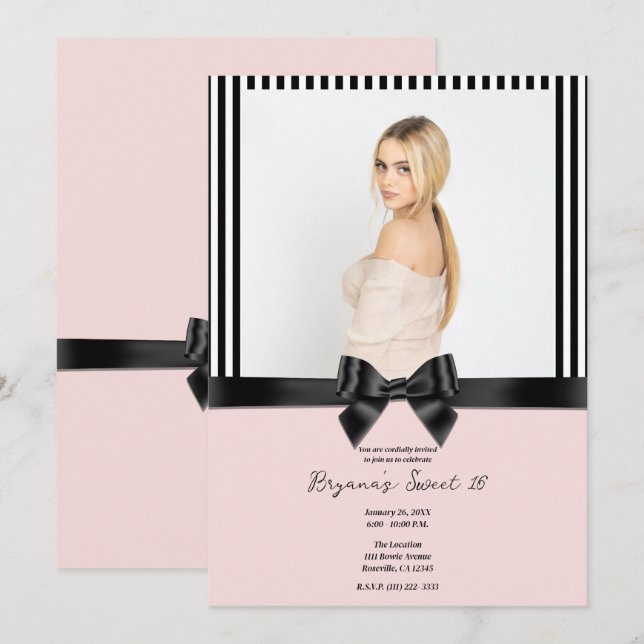 Invitation Bracelet Bow noir Ruban rose pâle Photo Sweet 16 (Devant / Derrière)