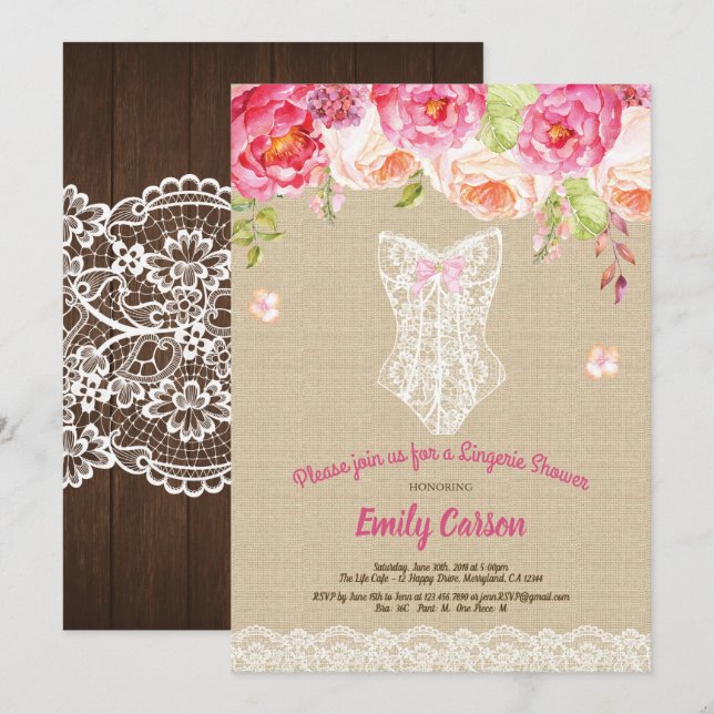 Invitation Bracelet et dentelle rose lingerie douche fête de  (Devant / Derrière)