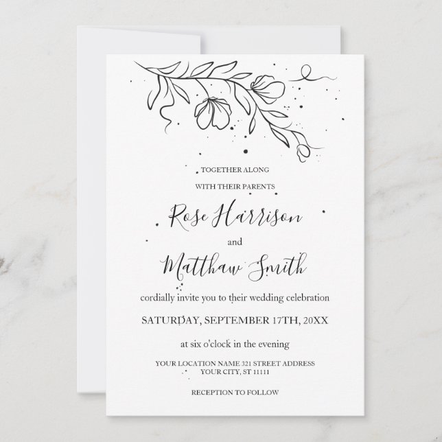 Invitation Branche à fleurs stylisée et gouttes d'encre (Devant)