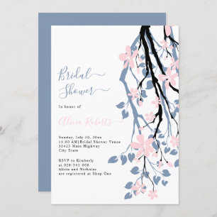 Invitation Branche bleu poussiéreux, fleurs roses douche nupt