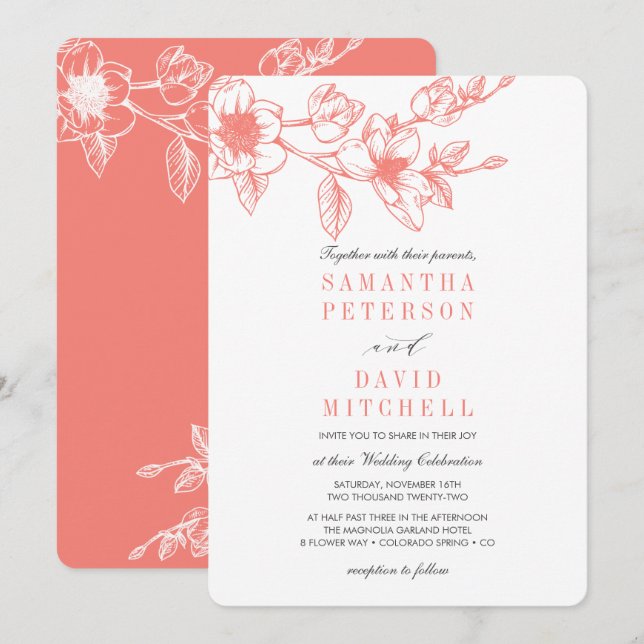 Invitation Branche Chic Floral Magnolia | Corail | MARIAGE (Devant / Derrière)