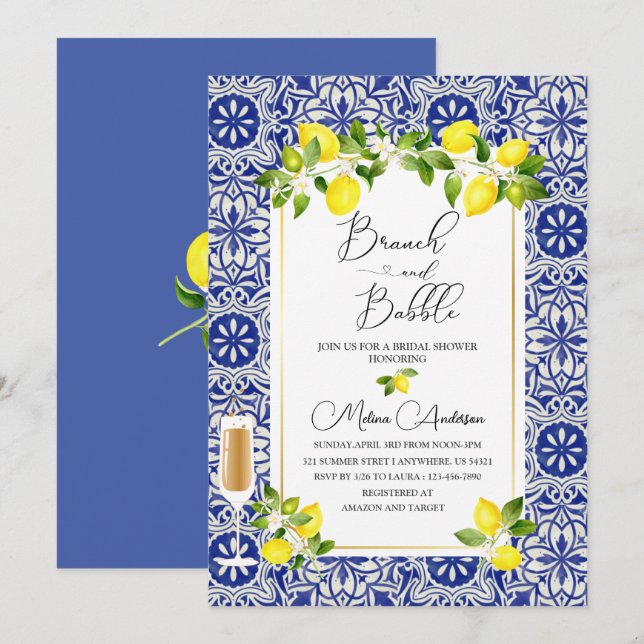 Invitation Branche de citron et branche d'aquarelle en mosaïq (Devant / Derrière)