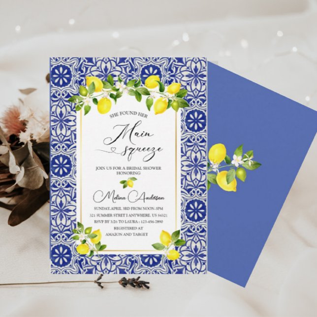 Invitation Branche de citron et mosaïque bleue aquarelle bébé (Créateur téléchargé)