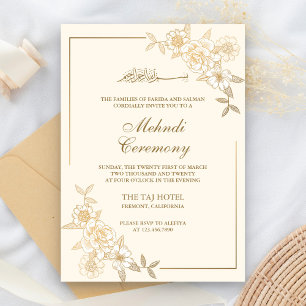 Invitation Branche de feuilles florales crème et or Mehndi mu