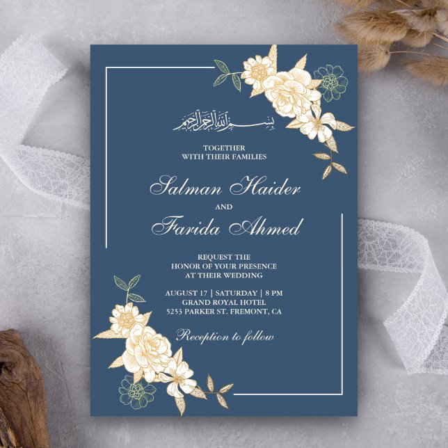 Invitation Branche de Feuilles floraux d'ivoire bleu Mariage  (Créateur téléchargé)