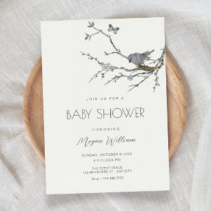 Invitation Branche de fleurs bébé shower oiseau