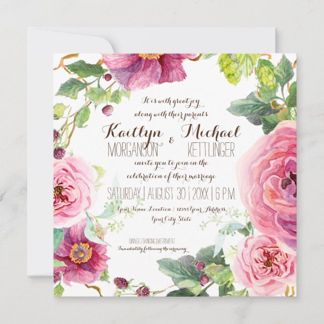 Invitation Branche de la feuille de courge florale Baies Rose (Devant)
