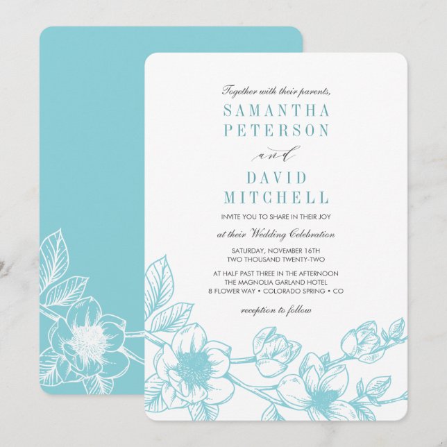 Invitation Branche de Magnolia florale | bleu pâle | MARIAGE (Devant / Derrière)