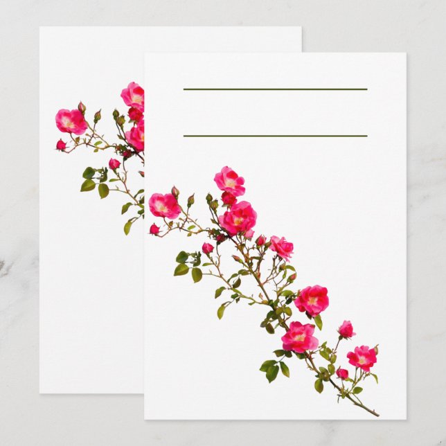 Invitation Branche de rose rose vibrant avec fleurs et bouton (Devant / Derrière)