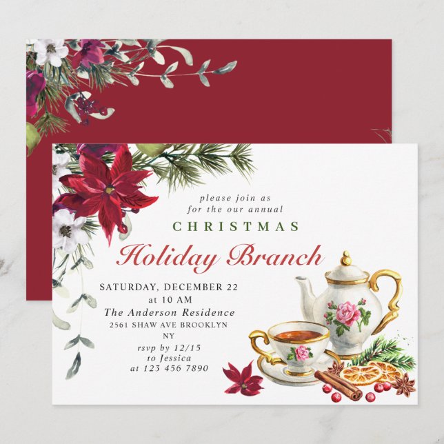 Invitation Branche de vacances de Noël Poinsettia festive (Devant / Derrière)