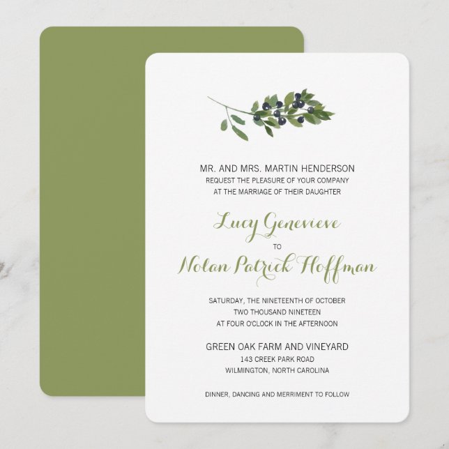 Invitation Branche d'olive aquarelle | MARIAGE (Devant / Derrière)