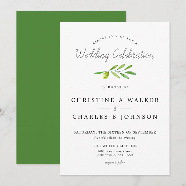 Invitation Branche d'olive Écriture Classique Mariage (Devant / Derrière)