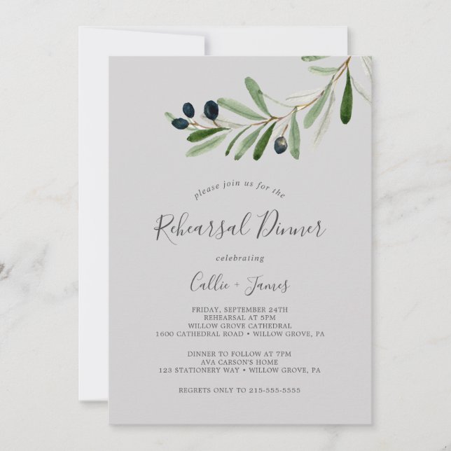 Invitation Branche d'olive moderne | Dîner de répétition gris (Devant)
