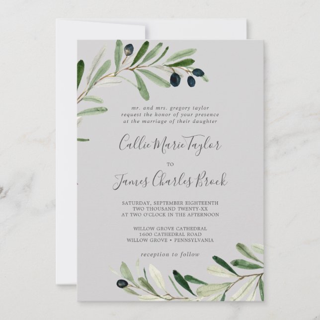 Invitation Branche d'olive moderne | Mariage traditionnel gri (Devant)
