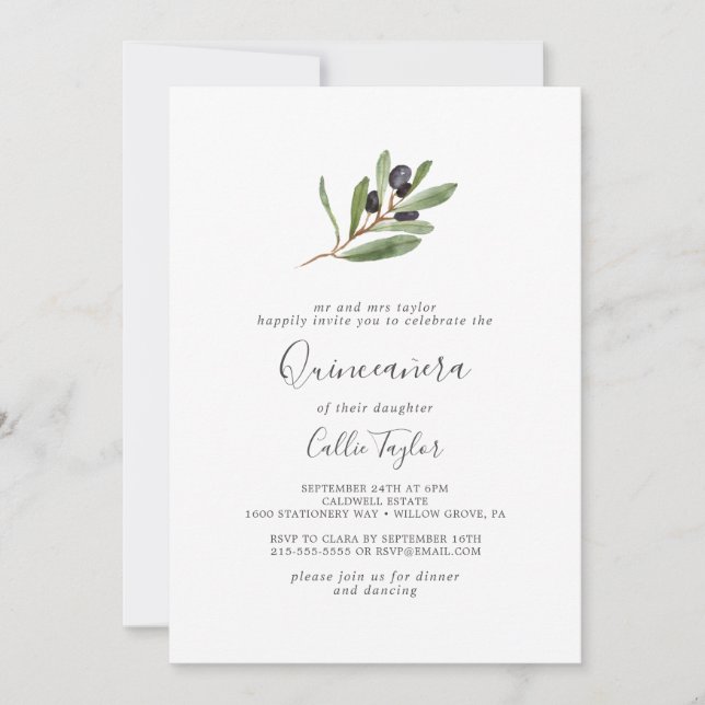 Invitation Branche d'olive moderne Quinceañera (Devant)
