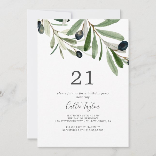 Invitation Branche d'olivier moderne 21e fête d'anniversaire (Devant)