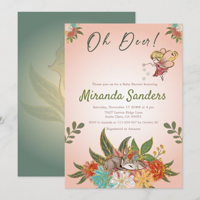 Invitation Branché Enchanted Sweet Deer Woodland Wild Animal (Devant / Derrière)