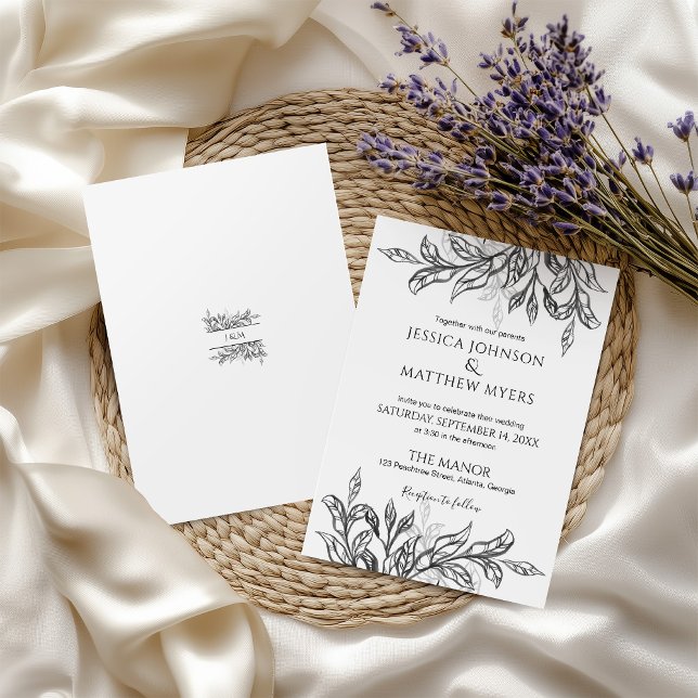 Invitation Branche et Feuilles noirs et blancs avec Mariage M (Créateur téléchargé)