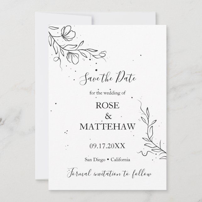 Invitation Branche fleurie et gouttes d'encre Save the Date (Devant)