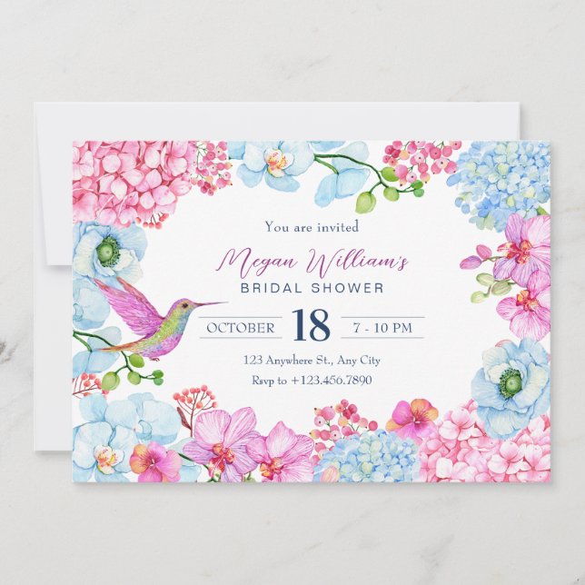 Invitation Branche florale bleu rose avec douche nuptiale (Devant)