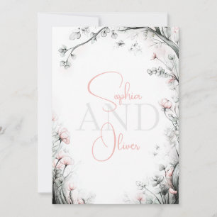 Invitation Branche florale délicate et fantaisiste rose tendr