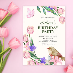 Invitation branche florale oiseau anniversaire