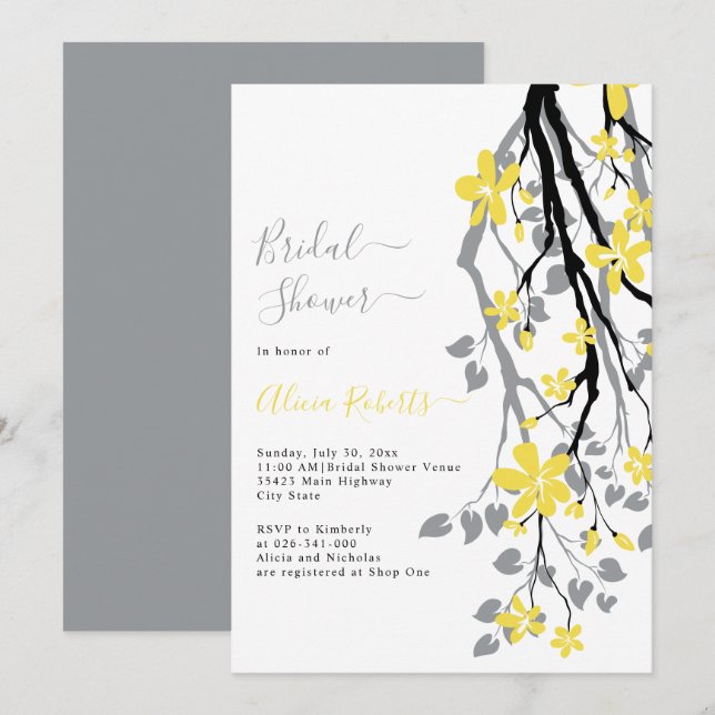 Invitation Branche grise avec fleurs jaunes douche nuptiale (Devant / Derrière)