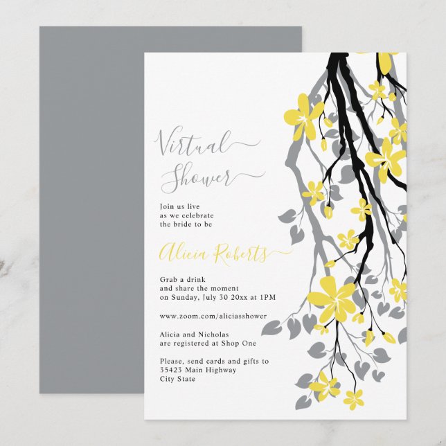 Invitation Branche grise, fleurs jaunes douche de nuptiale vi (Devant / Derrière)