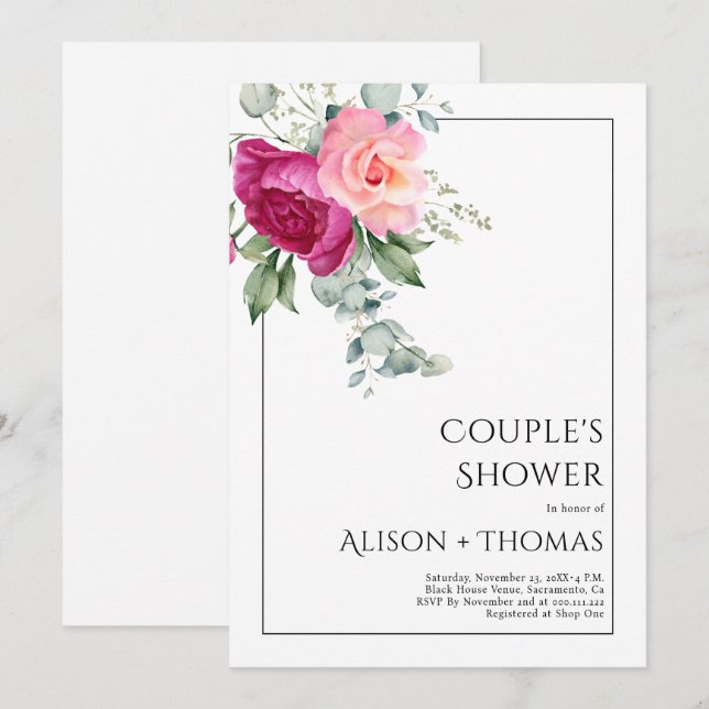 Invitation Branches avec fleurs rose rose couple douche (Devant / Derrière)