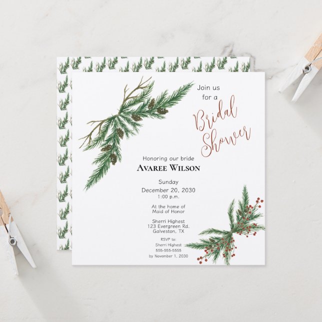 Invitation Branches de Noël Douche rouge et verte (Devant/Arrière en situation)