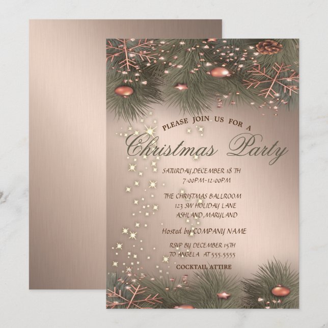 Invitation Branches de pin, Boules, Fête de Noël (Devant / Derrière)