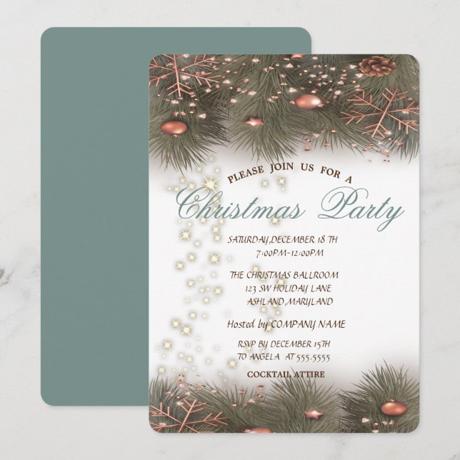 Invitation Branches de pin, Boules, Lumières, Fête de Noël (Devant / Derrière)