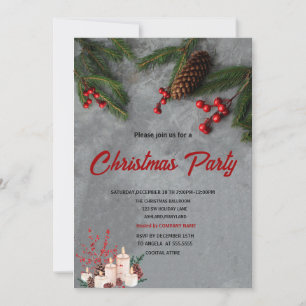 Invitation Branches de pin Rouge Baies de houx Noël