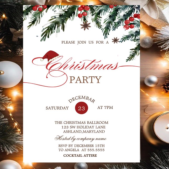 Invitation Branches de pins Santa Hat, Entreprise Noël (Créateur téléchargé)