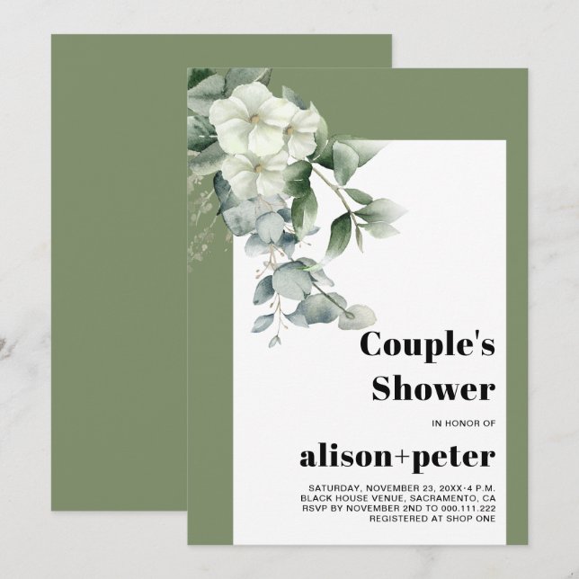 Invitation Branches d'Eucalyptus, douche à couple de fleurs (Devant / Derrière)