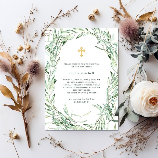 Invitation Branches d'olivier méditerranéen | Aquarelle Baptê (Créateur téléchargé)