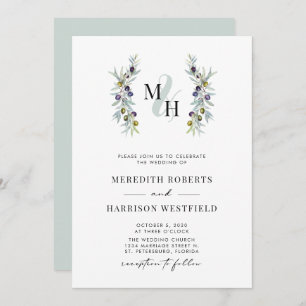Invitation Branches d'olivier Symbole de l'amour Monogramme M