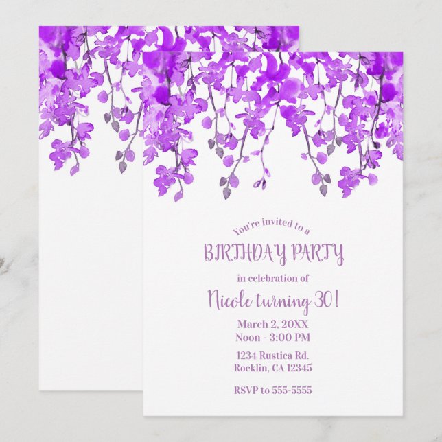 Invitation Branches d'orchidées violettes Fête d'anniversaire (Devant / Derrière)