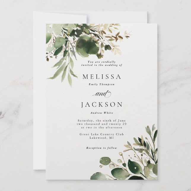 Invitation Branches vertes et Mariage de crème (Devant)