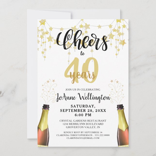 Invitation Bravo à 40 ans Black Gold Stars Script (Devant)