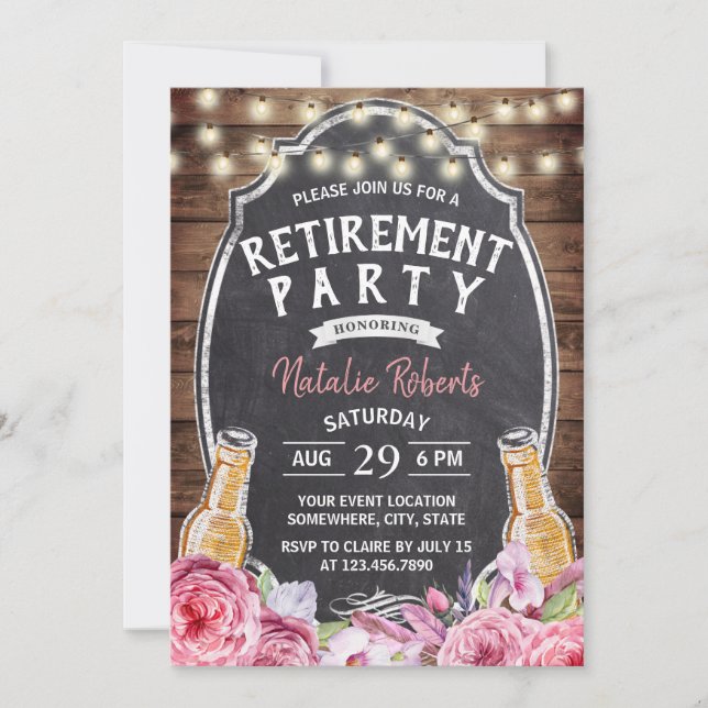 Invitation Bravo à la retraite Rustic Floral Bière Party (Devant)