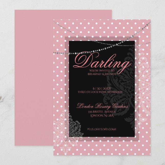 Invitation Breakfast brunch pink with white polk dots (Devant / Derrière)