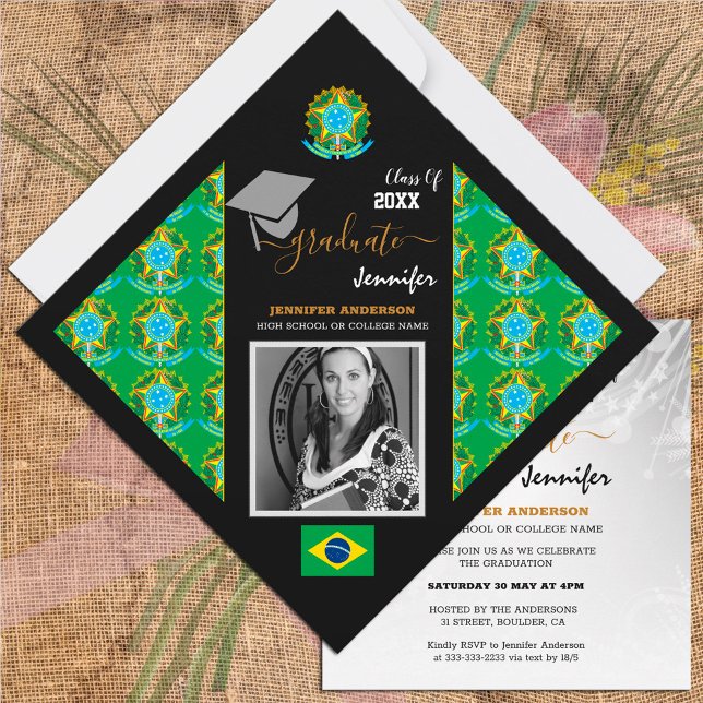 Invitation Brésil Graduate & Photo, Brésil Drapeau Graduate (Créateur téléchargé)