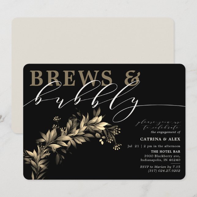 Invitation Brews Bubbly Black Beig Green Engagement Party (Devant / Derrière)