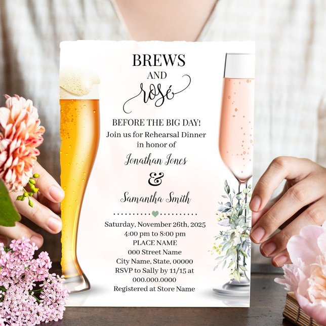 Invitation Brews & Rose avant la grande journée de répétition (Brews and Rose Before Big Day Rehearsal Dinner Invitation, Greenery Wedding, Couples Shower)