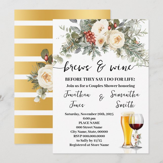 Invitation Brews & Wine Before I do Winter Couples Shower (Devant / Derrière)