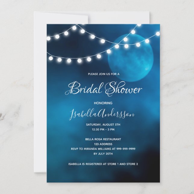 Invitation Bridal douche bleu lune fée lumières romantique (Devant)
